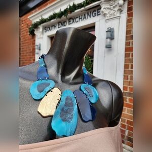 Black, Blue and Goldtone Statement Necklace with Earrings Set